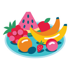 A set of healthy fruits on a tray. Bananas, grapes, peach, plum, watermelon, strawberry, orange, apple