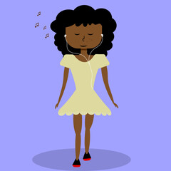 Girl in yellow dress listening to music