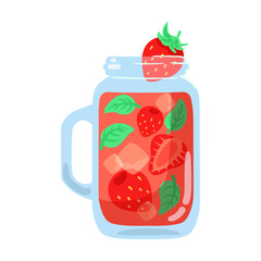 pitcher of strawberry mint drink, cartoon illustration. Glass of martini or gin with strawberry, orange and lemon. Whiskey, champagne
