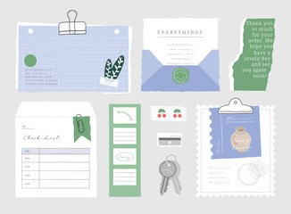 memo template. A collection of striped notes, blank notebooks, and torn notes used in a diary or office.