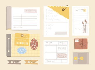memo template. A collection of striped notes, blank notebooks, and torn notes used in a diary or office.