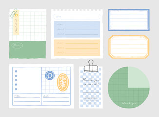 memo template. A collection of striped notes, blank notebooks, and torn notes used in a diary or office.