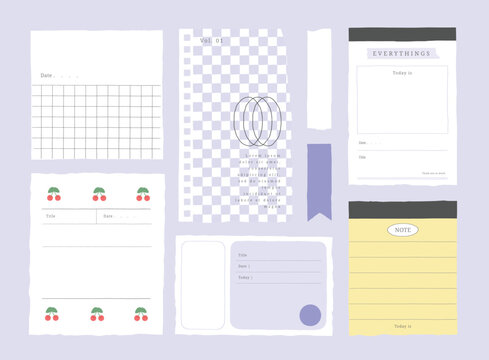 memo template. A collection of striped notes, blank notebooks, and torn notes used in a diary or office.