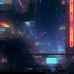 Cyberpunk city, abstract illustration, futuristic city, dystoptic artwork at night, high resolution wallpaper. Dystopic urban wallpaper. Cityscape background.