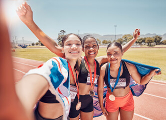 Selfie, medal and friends with a British flag after running, fitness and sports at a stadium....
