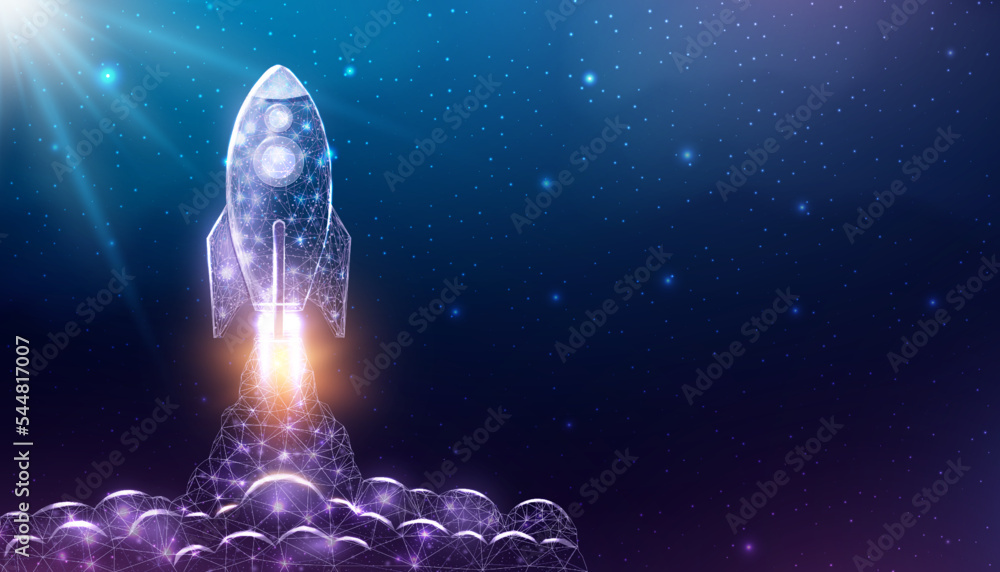 Poster rocket launch, wireframe polygonal style. internet technology network, business startup concept with