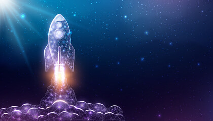 Rocket launch, wireframe polygonal style. Internet technology network, business startup concept with glowing low poly rocket. Futuristic modern abstract background. Vector illustration. © Elena
