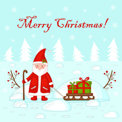 Christmas card. Santa Claus and a sleigh with gifts on the background of snowdrifts and Christmas trees