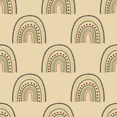 seamless festive christmas pattern with christmas rainbow in beige colour