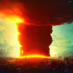Explosion of a nuclear bomb over a big city, metropolis - a mushroom cloud. Nuclear war in the world.