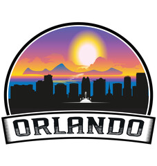 Orlando Florida USA Skyline Sunset Travel Souvenir Sticker Logo Badge Stamp Emblem Coat of Arms Vector Illustration EPS