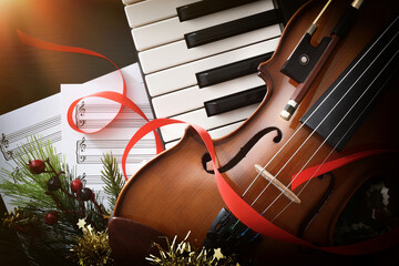 Christmas musical event with piano and violin close up
