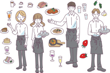 レストランカフェのスタッフとお料理と飲み物