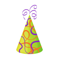 colorful Cone with pattern of confetti ribbons, cap for happy birthday party. Vector illustration of kids paper hat for carnival