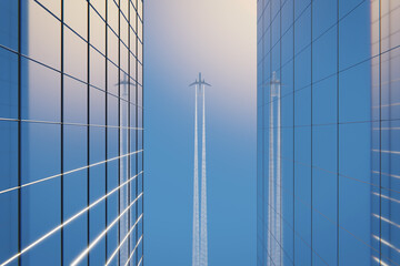 Airplane jet fly over skyscrapers with glass windows and reflections on blue sky day. Plane leave white chemtrails behind. Realistic 3D rendering