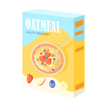 Box of cereal and bowls of oatmeal vector illustration. Boiled porridge with fruit and berries. Oat grains in jar, wooden spoon isolated