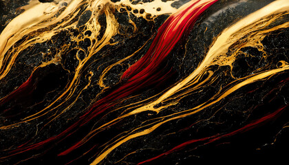 Abstract 4k wallpaper. Digital art marbling texture, black, red and gold colors