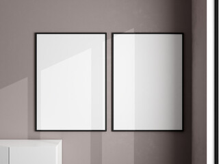 Photo frame mockup on white wall. Blank picture frame mockup in living room. Poster mockup. Clean, modern, minimal frame. Minimalist background. 3d rendering.
