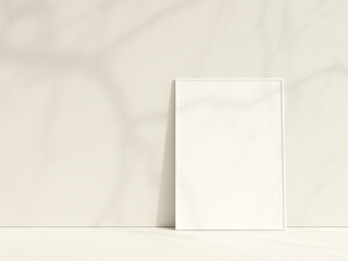 Interior poster mockup with photo frame leaning against the white wall. Minimalist photo frame mockup with shadow. Empty frame stands on white floor. 3d rendering.