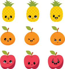 Cute fruit with kawaii eyes. Flat design vector illustration on white background
