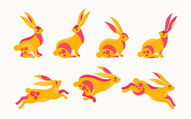 Symbol new year 2023. Chinese zodiac Rabbit symbol. Collection of jumping, running bunnies. Mid Autumn Festival or Chinese Lunar new year. Moon Hare. Easter decor. Colorful flat vector illustrations.