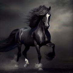 Obraz na płótnie Canvas Gorgeous black horse galloping through the smoke, stunning illustration generated by Ai, is not based on any original image, character or person
