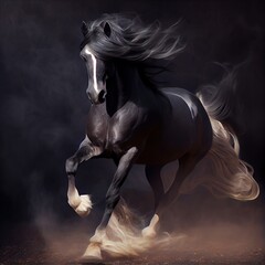 Obraz na płótnie Canvas Gorgeous black horse galloping through the smoke, stunning illustration generated by Ai, is not based on any original image, character or person