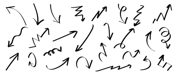 Set of black hand drawn arrow lines vector on white background. Doodle style, curve, wavy, arrows, cursor Icon, pointers collection, back, signs, direction. Design illustration for sticker, comic. 