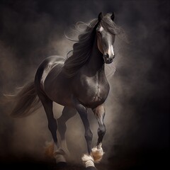 Obraz na płótnie Canvas Gorgeous horse in the smoke or dust cloud, stunning illustration generated by Ai, is not based on any original image, character or person