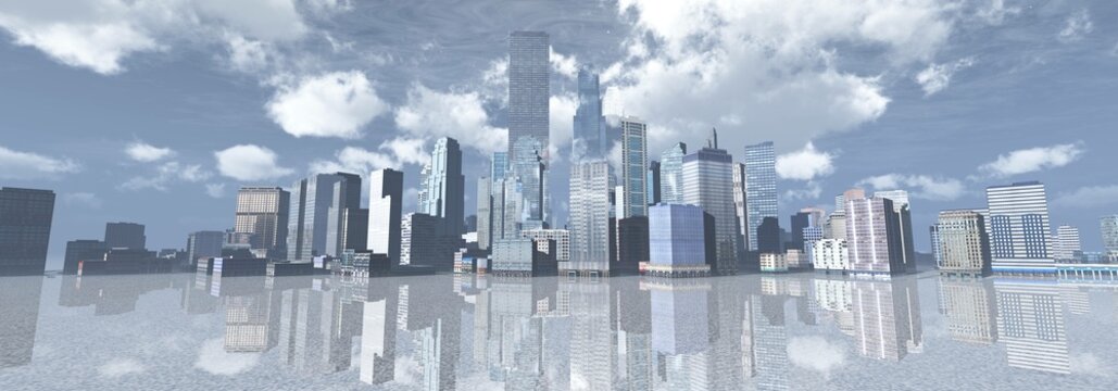 Winter city, panorama of a modern city with skyscrapers over a frozen river, 3d rendering