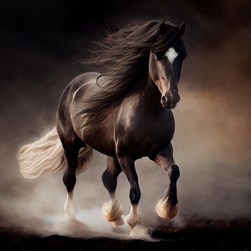 Gorgeous brown horse galloping through the smoke, stunning illustration generated by Ai, is not based on any original image, character or person