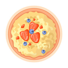 Boiled porridge with with strawberry slices and blueberries. Box of cereal and bowls of oatmeal vector illustration. Oat grains in jar