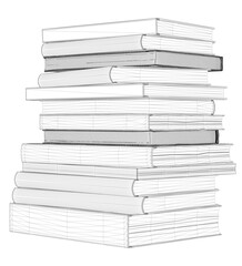 Wireframe of stack books from black lines isolated on white background. Front view. 3D. Vector illustration.
