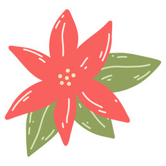 Poinsettia in cartoon flat style. Hand drawn vector illustration of Christmas traditional plant, floral holiday element