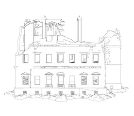 The outline of the destroyed building from black lines isolated on a white background. Front view. 3D. Vector illustration.