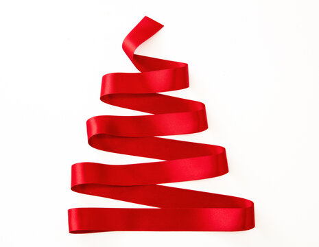 Christmas Tree Shape Red Ribbon Isolated On White. Holiday Decoration.