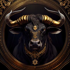 Black bull's head with ornate horns in round golden frame