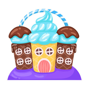 Candie in shape house with chocolate and cream ice cream, vector illustration. Fantasy land caramel and chocolate desserts, cupcakes, biscuit