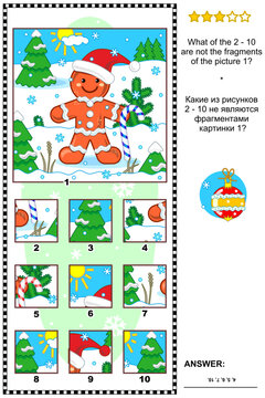 Christmas, winter or New Year visual logic puzzle with gingerbread man: What of the 2 - 10 are not the fragments of the picture 1? Answer included.
