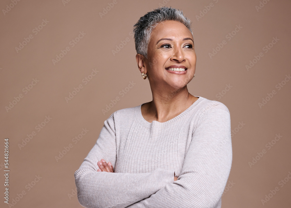 Poster Happy woman, fashion and beauty in studio while thinking about motivation, dream or idea for cosmetics, makeup and dermatology mockup. Smile, happiness and face of a mature model on brown background