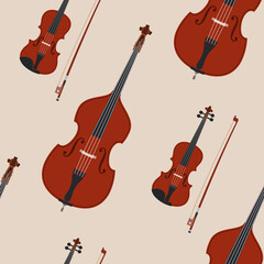 Seamless vector pattern with double basses and bows. Art vector color illustration.