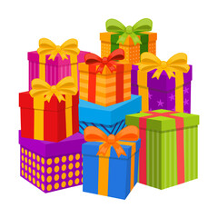Big Pile of gift boxes with silk bows, vector illustration. Wrapped presents with ribbons for surprise party isolated on white background