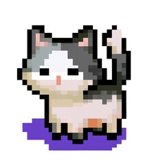 Fototapeta premium Classic 8 bit pixel art illustration of cute kitten. Retro 8 bit pixel art style simple illustration of cute kitten used in old arcade games played on gaming console
