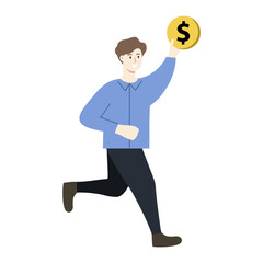 Happy businessman holding golden coin dollars. Financial, marketing, saving, income, bitcoin, business growth concept. lat cartoon character vector design illustration.