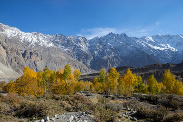 Fototapeta premium Autumn view of Passu Cones in the Gilgit Baltistan region of northern Pakistan. One of the most spectacular views on the Karakorum Highway is the Passu cones also known as Tupopdan or Passu Cathedral.