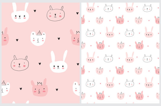 Cute Toy Seamless Vector Patterns. Funny Bunnies and Happy Bears  isolated on a White and Pastel Pink Background. Hand Drawn Infantile Style Print with Animals ideal for Fabric, Wrapping Paper.