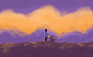 Fototapeta premium The boy and his dog were looking at the mountains with yellow skies. Digital art style. illustration painting