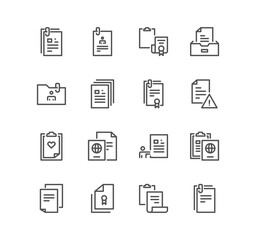 Set of documents and paper icons, contract, passport, pages and linear variety vectors.