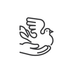 Hand holding dove bird line icon