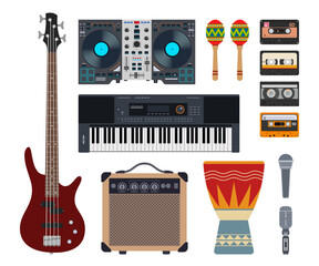 Set of vector flat musical instruments. Vector music instruments icons. Bass guitar, amplifier, synthesizer, DJ remote, maracas, microphones, djembe drum, cassettes. Colorful isolated objects.